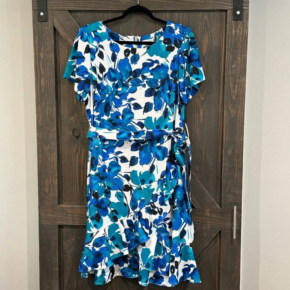 Calvin‎ Klein Women’s Short Sleeve Belted Blue Floral  Ruffle Hem Dress 20W NEW